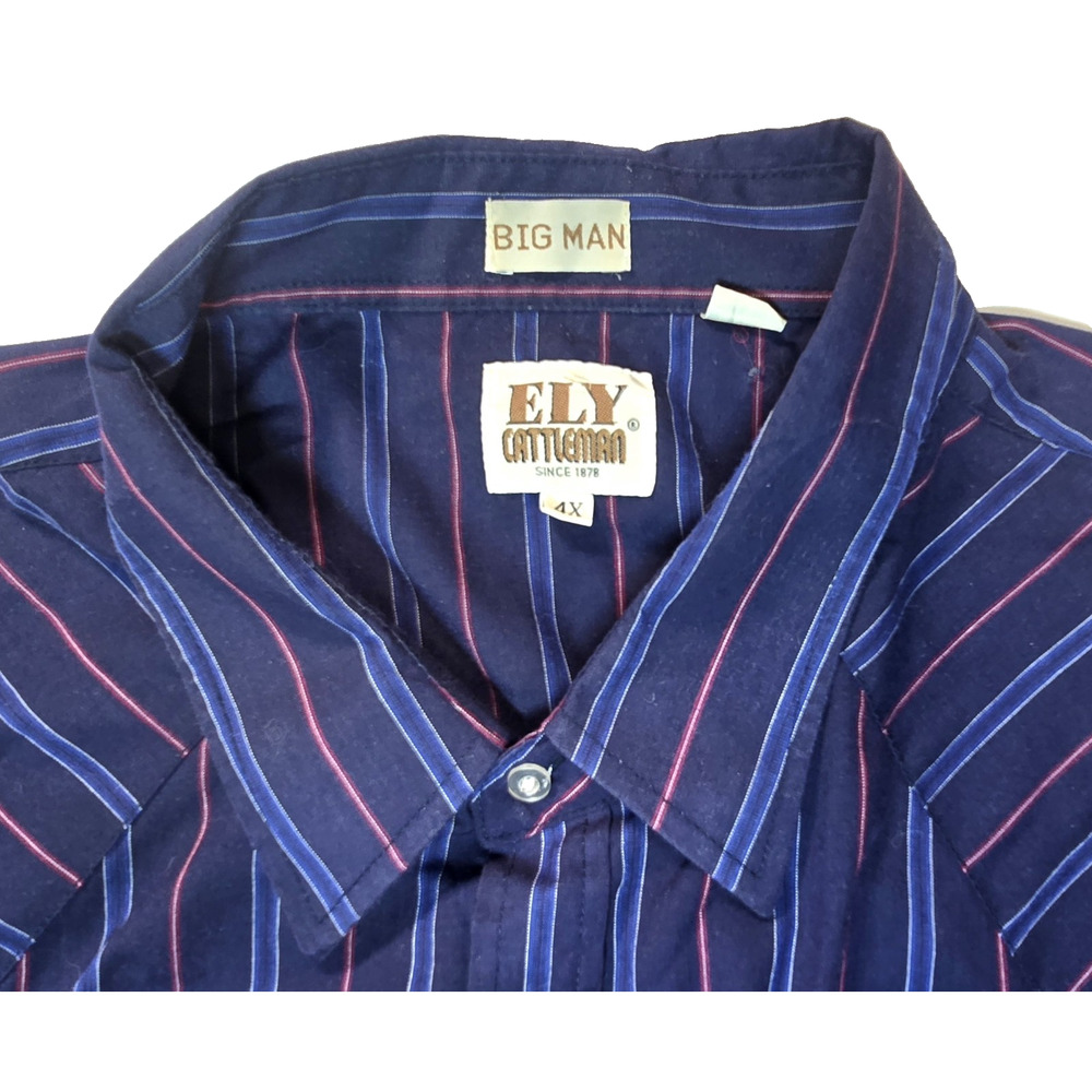 ELY CATTLEMAN Big Man 4X L.S. Blue Red White Striped Pearl Snaps Shirt